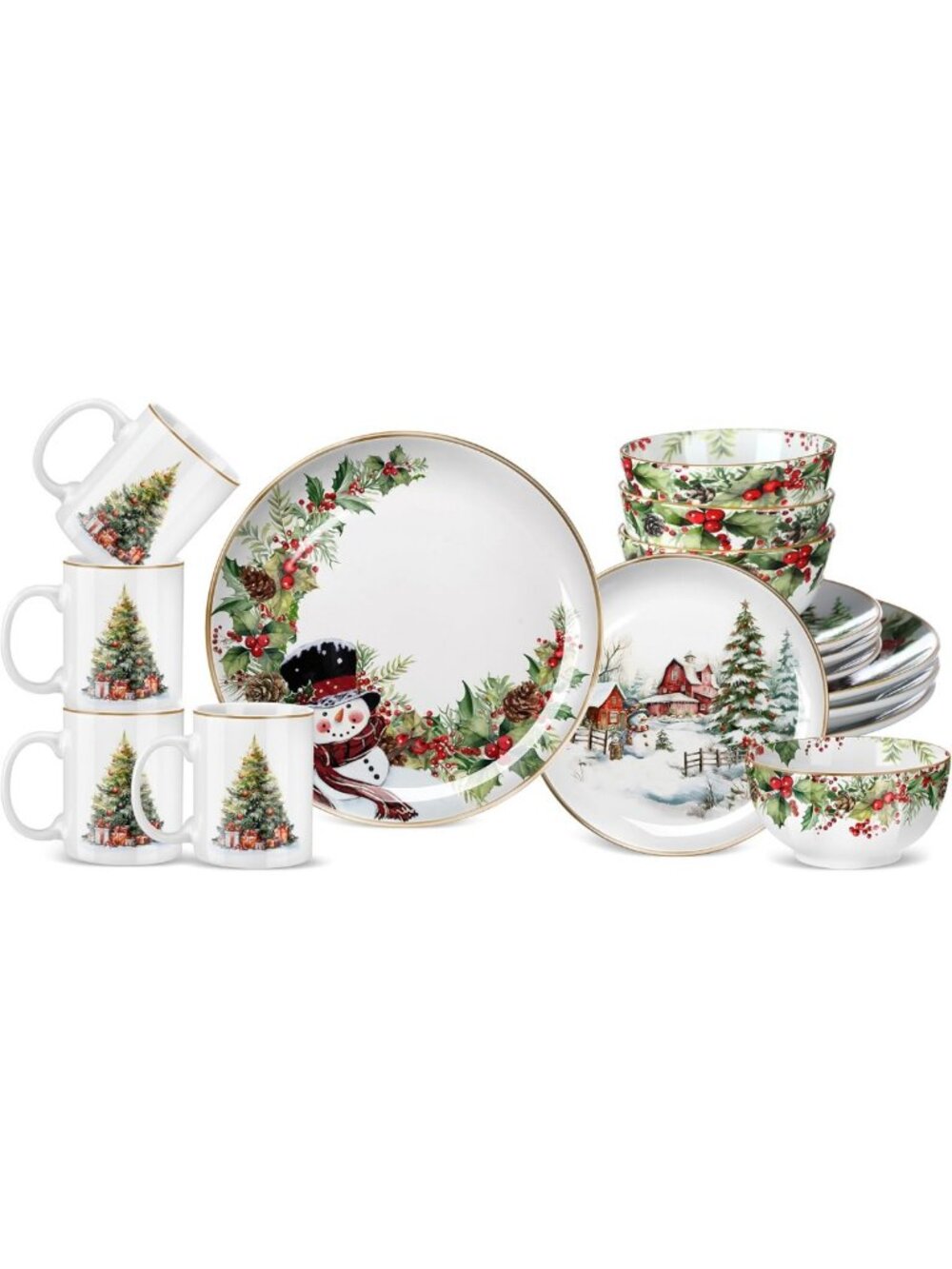 16 Pcs Snowman Holiday Dinnerware Set - Festive Christmas Plates & Bowls